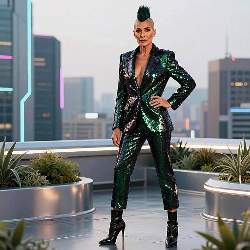 Confident Woman in Green Sequin Suit with Mohawk on Urban Rooftop