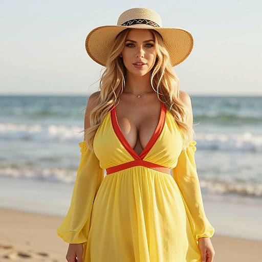 Woman in Yellow Dress and Straw Hat at Beach