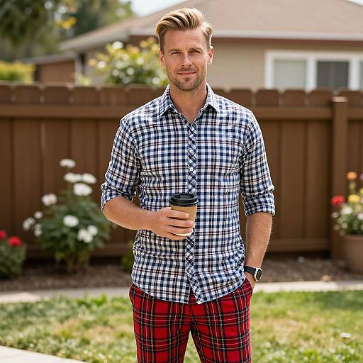 Man Wearing Plaid Shirt and Red Tartan Pants Holding Coffee Outdoors