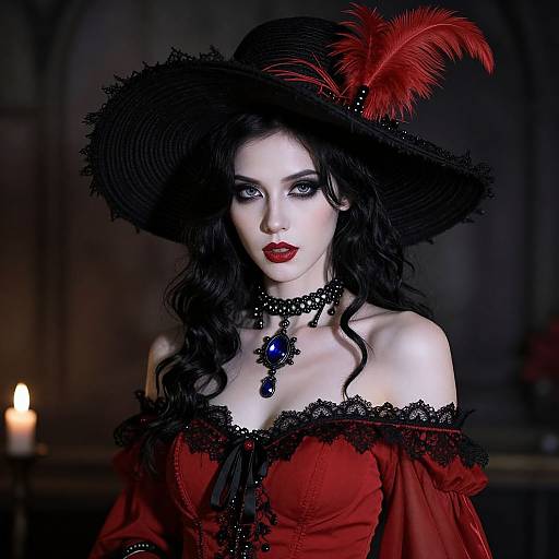 Gothic Victorian Woman in Red Dress with Black Hat and Feathers