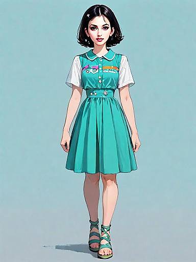 Realistic Comic Style Illustration of Woman in Teal Dress Full Body