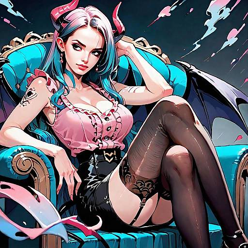 Fantasy Anime Woman with Devil Horns and Wings Relaxing on Turquoise Chair