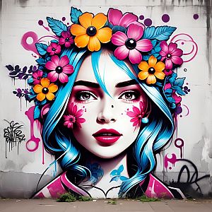 Vibrant Mural of Woman with Blue Hair and Colorful Flowers