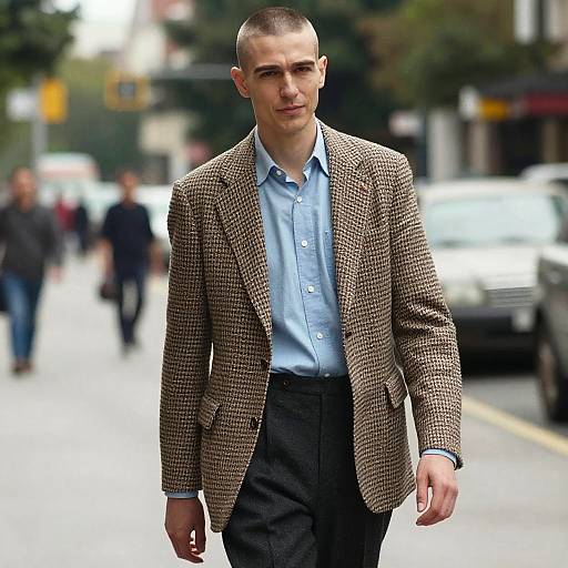 Young Man Wearing Brown Houndstooth Blazer and Blue Shirt Walking on City Street