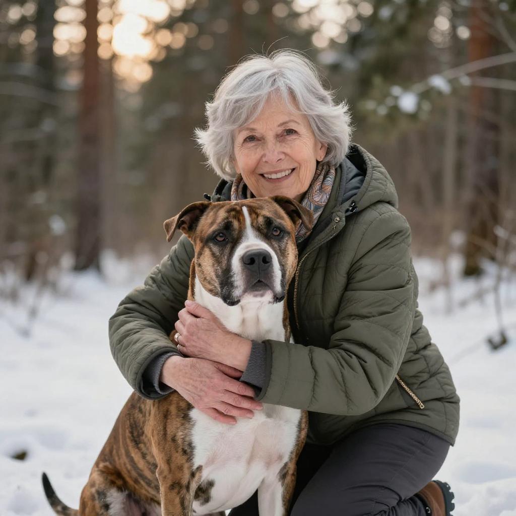 Elderly Woman Hugging Dog in Snowy Forest Outdoors