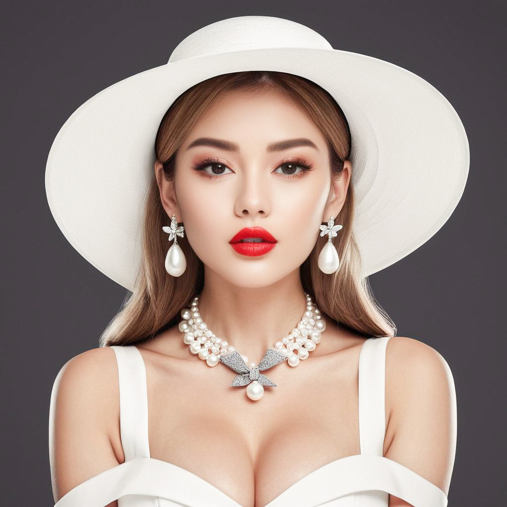 Stylish Woman in White Hat and Pearl Jewelry