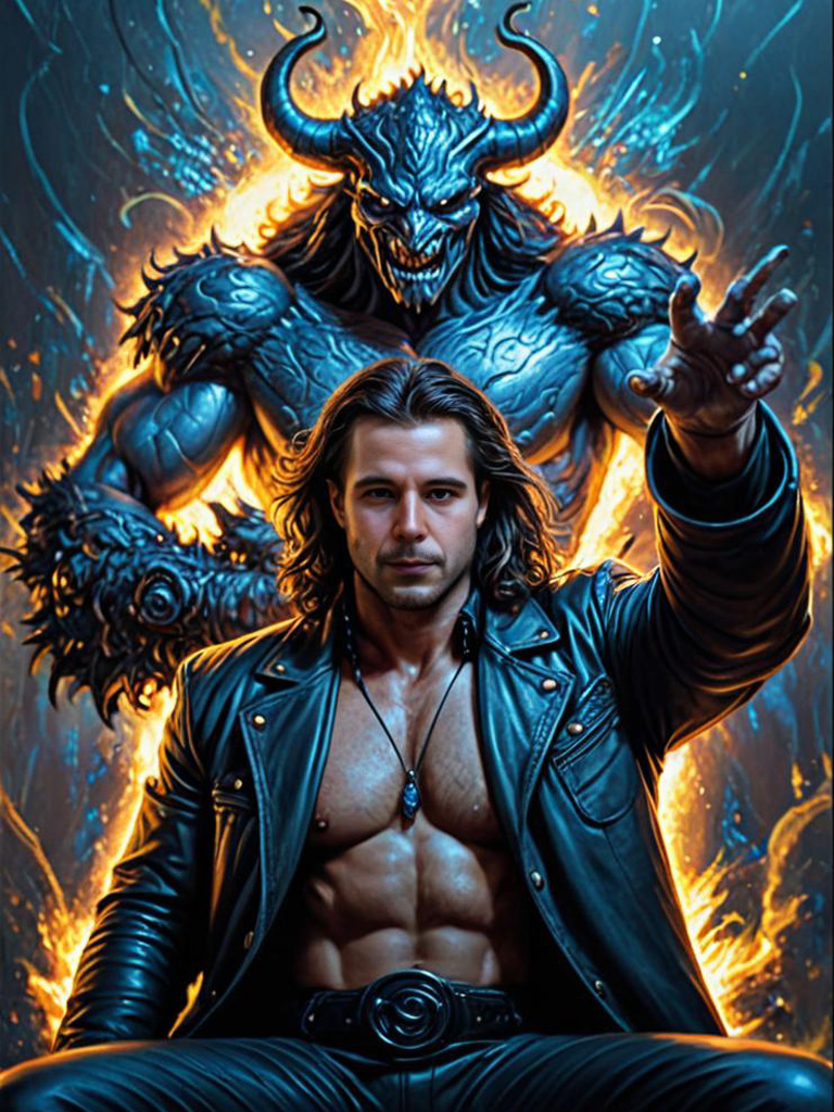 Muscular man in leather jacket with demonic figure and flames