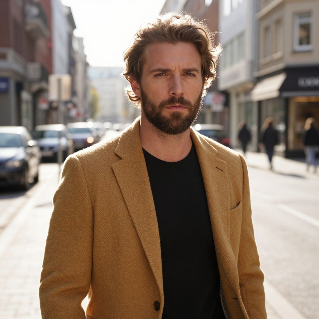 Man in Camel Coat on City Street Urban Background
