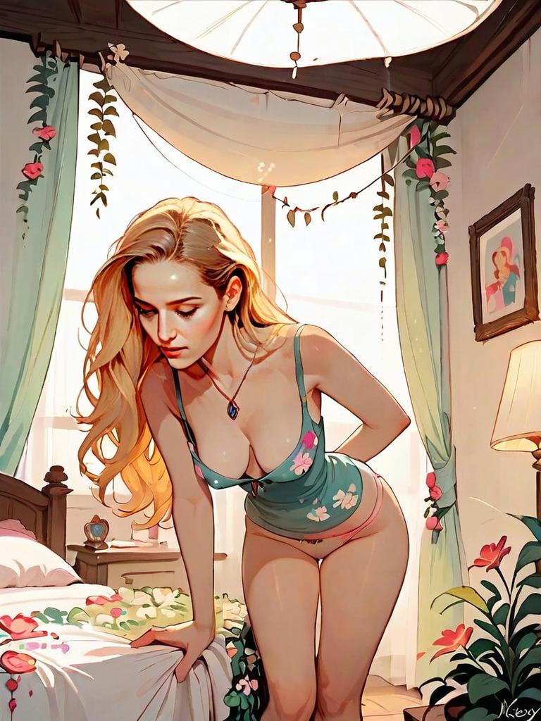 Digital Artwork of Blonde Woman Leaning on Bed in Floral Bedroom