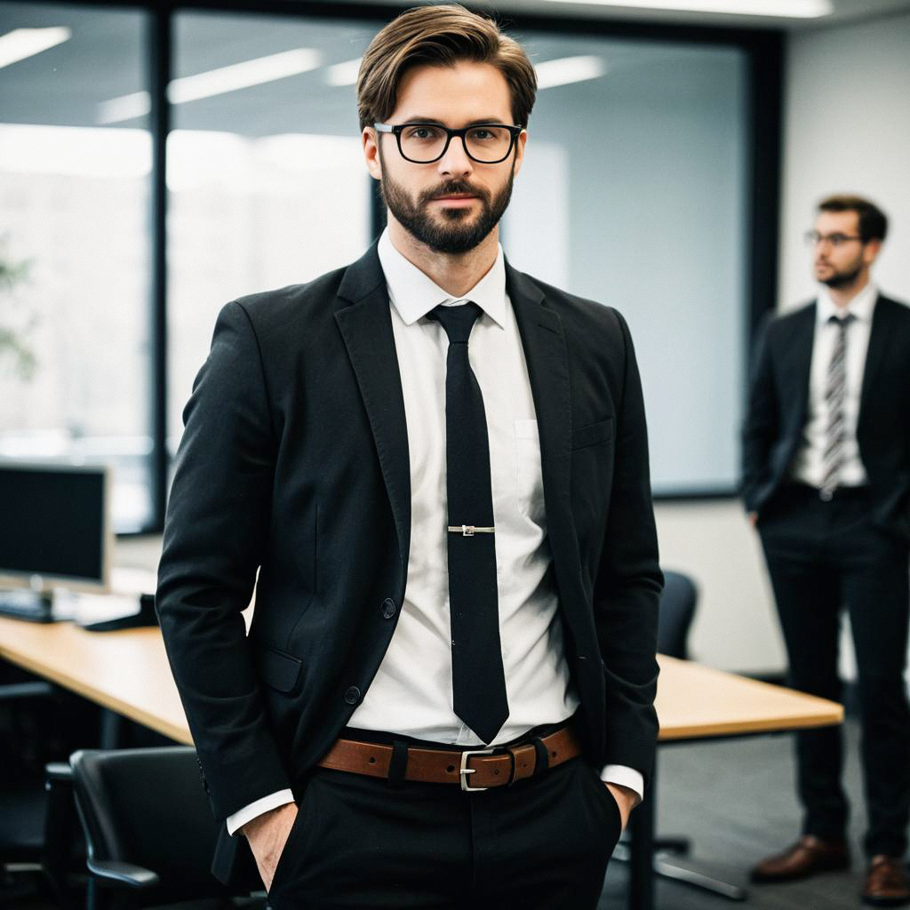 Confident Young Man in Black Suit in Modern Office