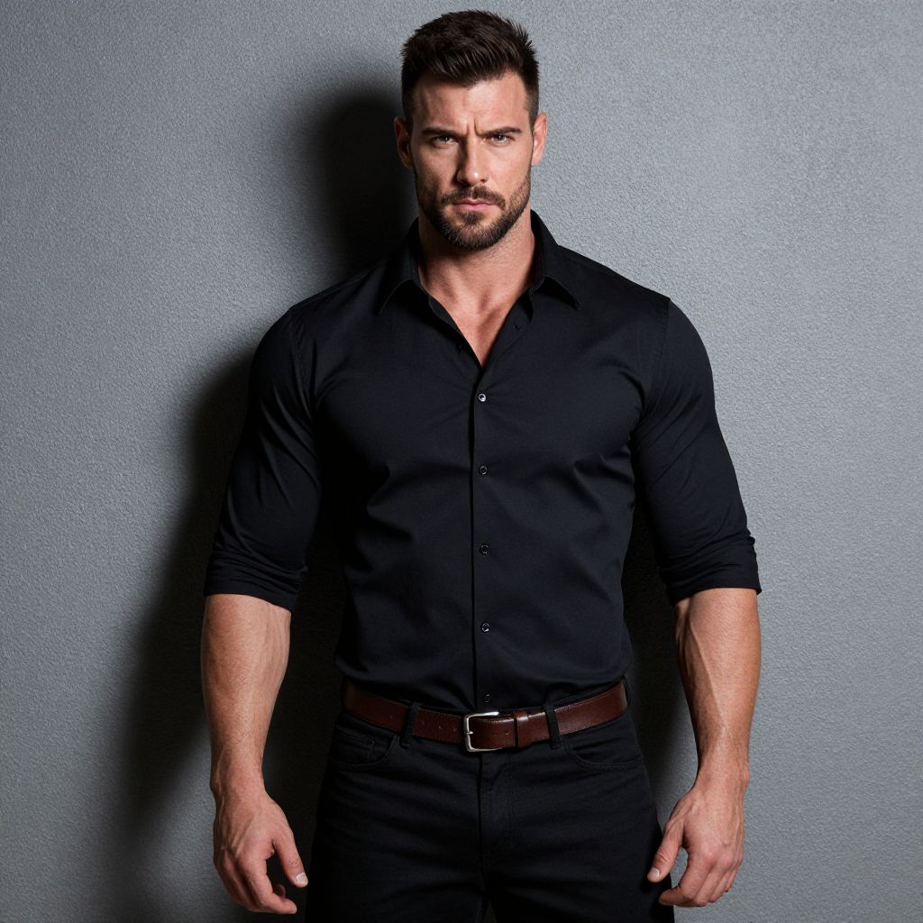 Confident Man in Black Shirt Standing Against Gray Wall