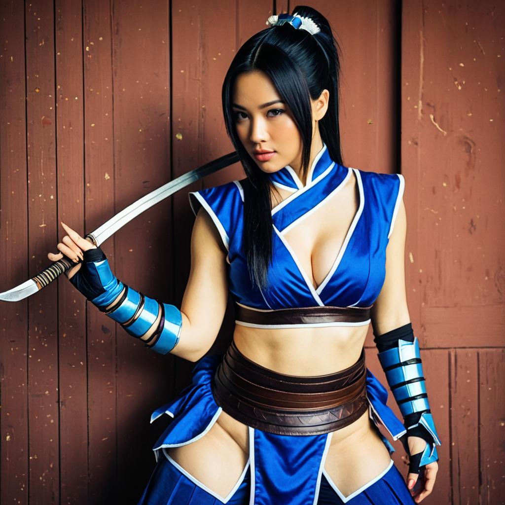 Woman in Blue Warrior Cosplay Costume Holding Katana Sword