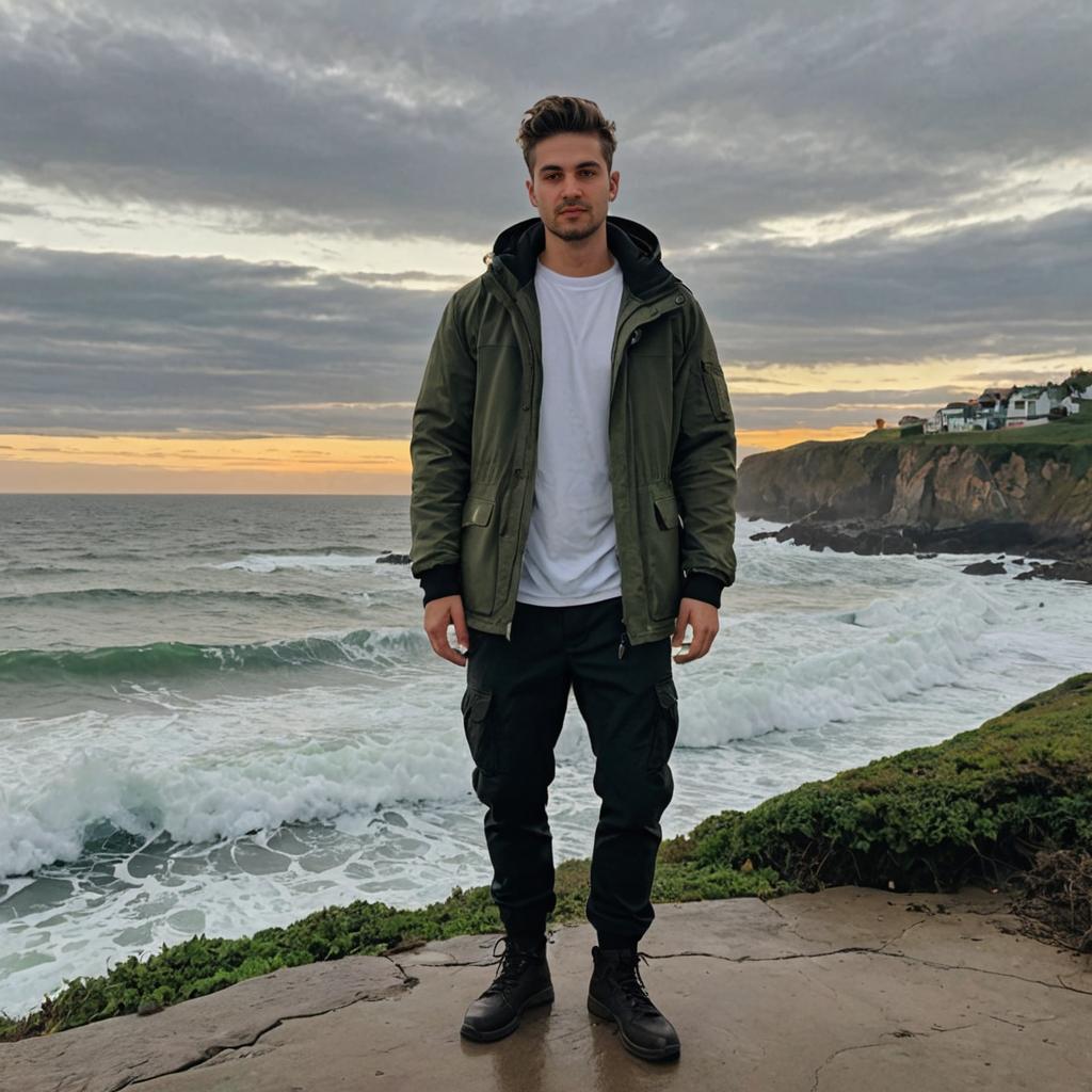 Confident Man Against Dramatic Ocean Backdrop