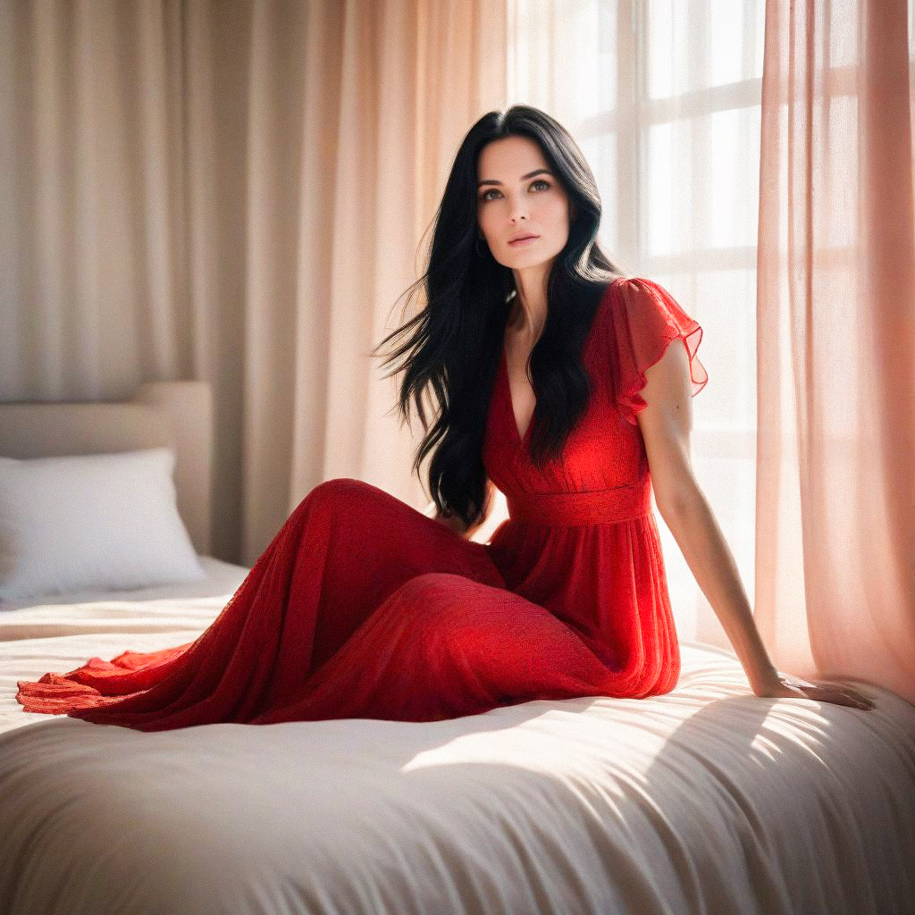 Elegant Woman in Red Gown on Bed