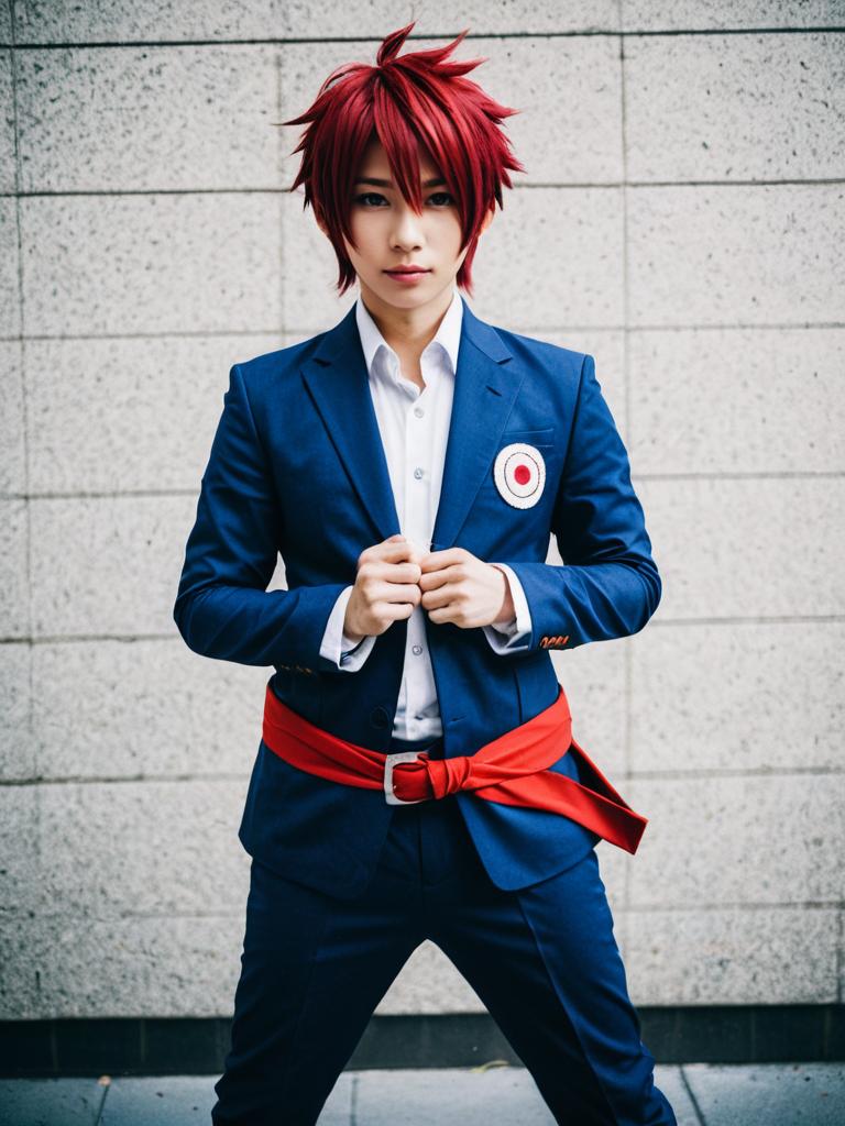 Man in Aruma Todoroki Cosplay with Red Hair and Blue Suit