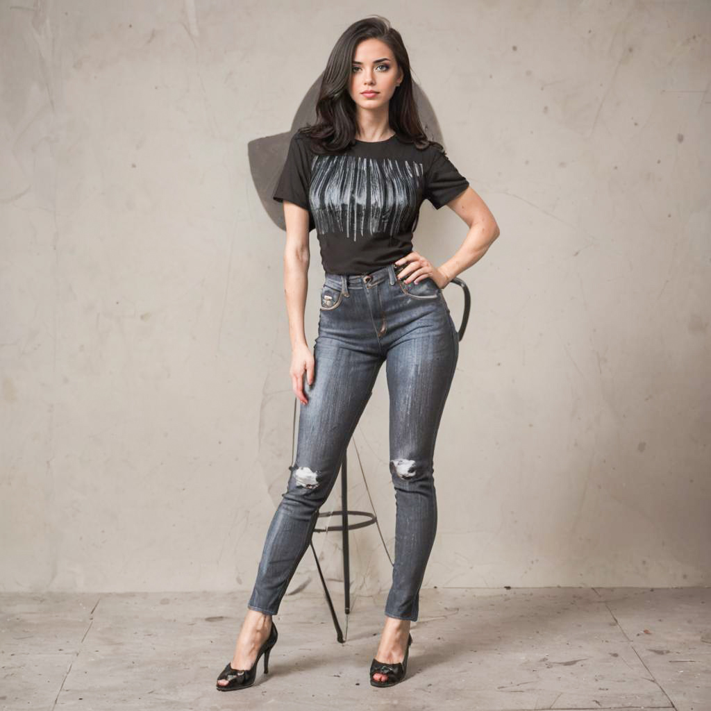Stylish Woman in Black T-Shirt and Distressed Jeans Stylish Woman in Black T-Shirt and Distressed Jeans