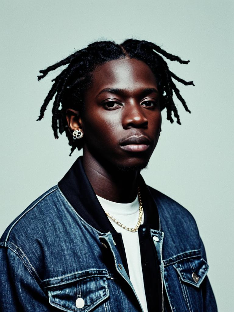 Young Man in Denim Jacket and Hip-Hop Style Accessories