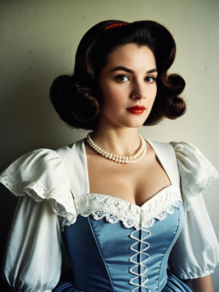 Vintage Miss Elizabeth Costume Woman in Blue Dress with Pearl Necklace