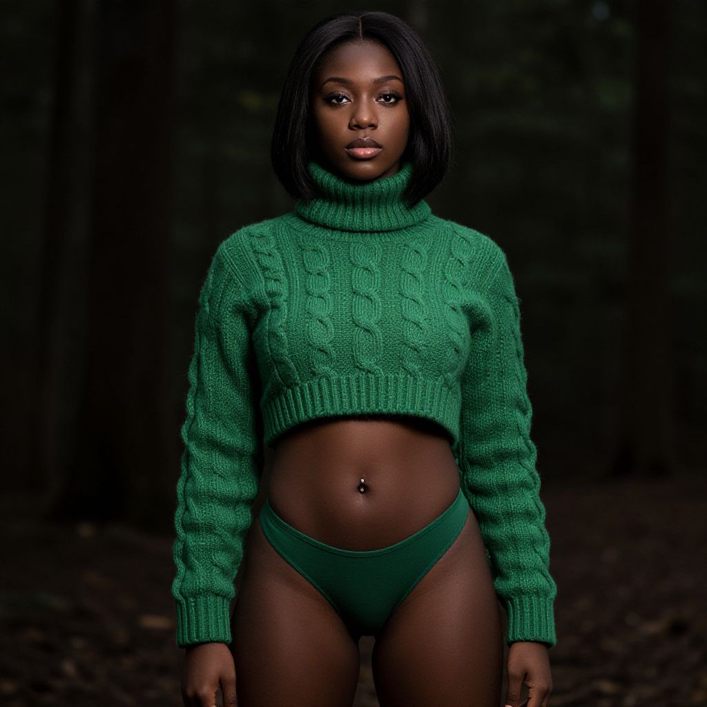 Woman in Green Cropped Sweater and Bikini Bottoms Posing in Forest