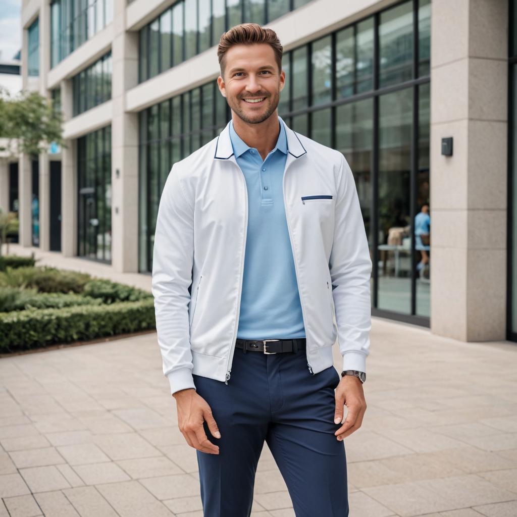 Stylish man in fitted blue shirt and white jacket outdoors