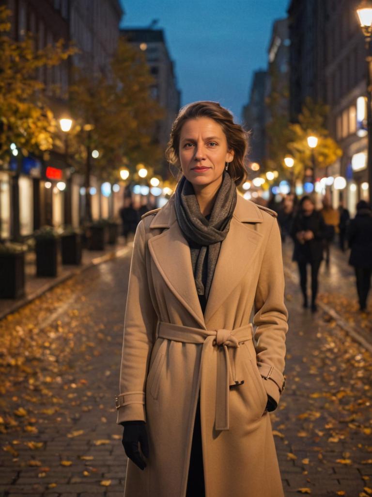 Woman in Nefertiti-inspired pose on autumn city street