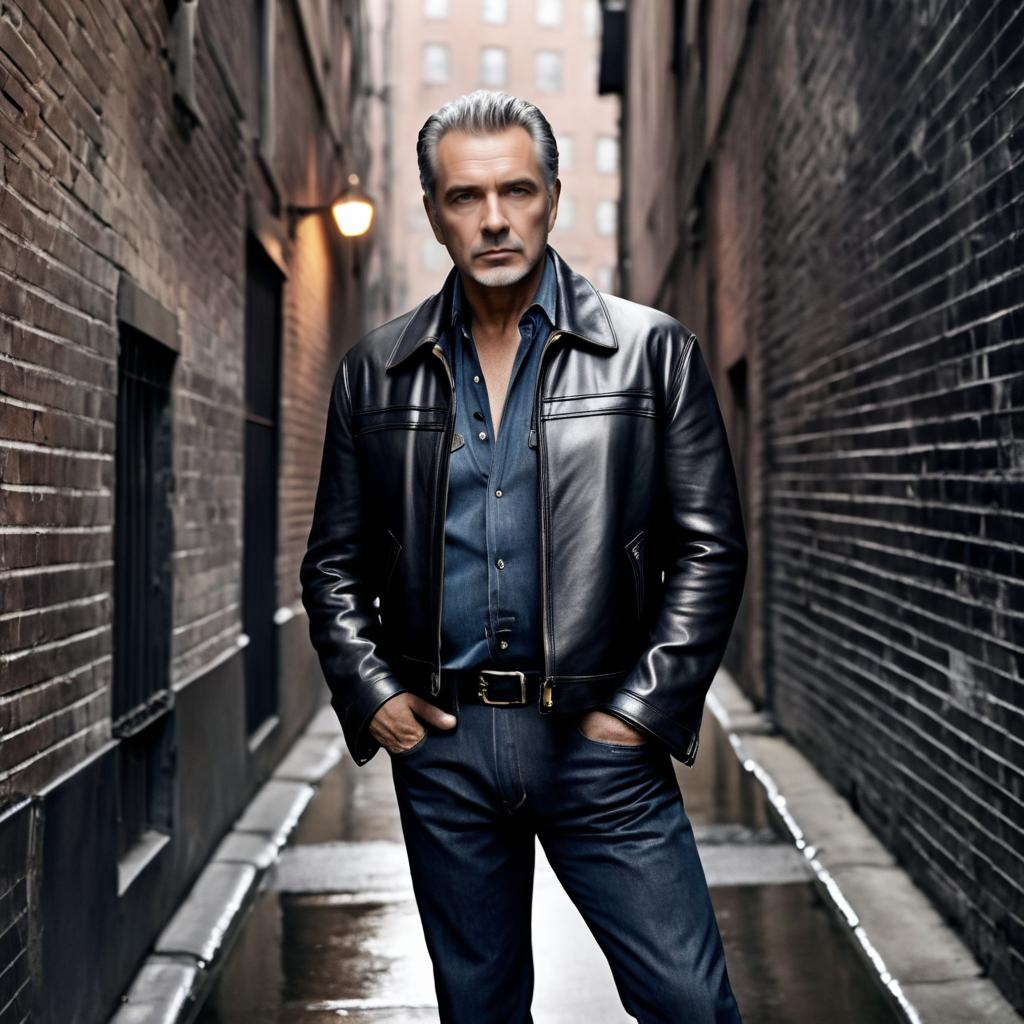 Stylish Man in Leather Jacket in Urban Alley