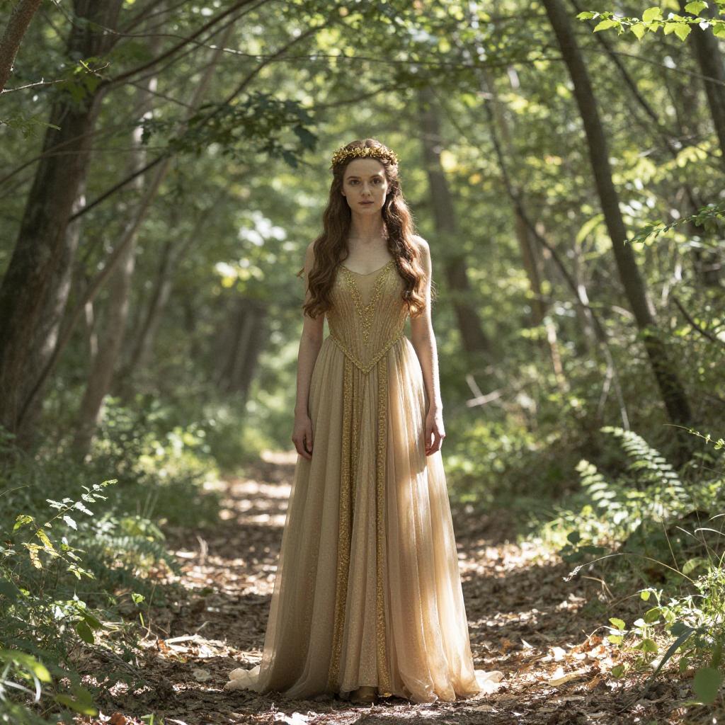 Elegant Woman in Golden Gown Standing on Forest Path