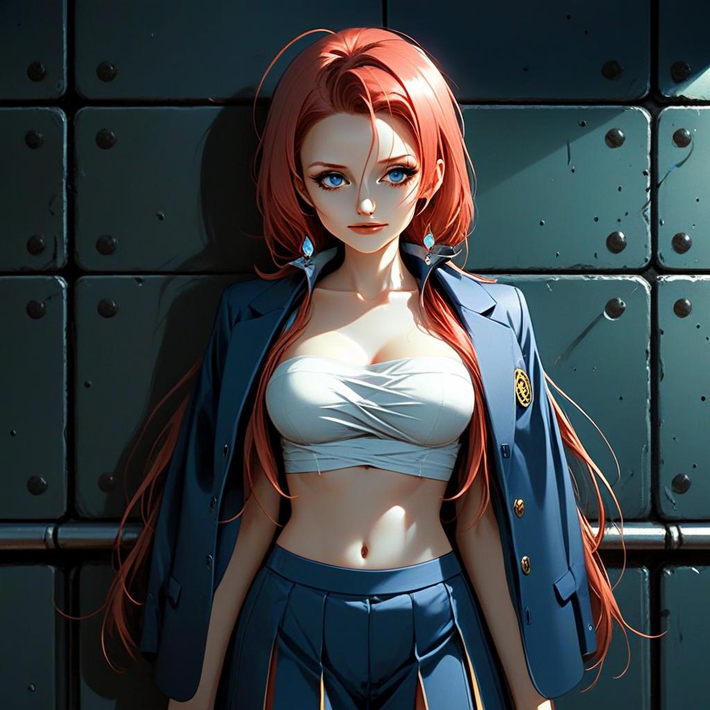 Musujime Awaki Anime Style Portrait with Red Hair and Blue Uniform