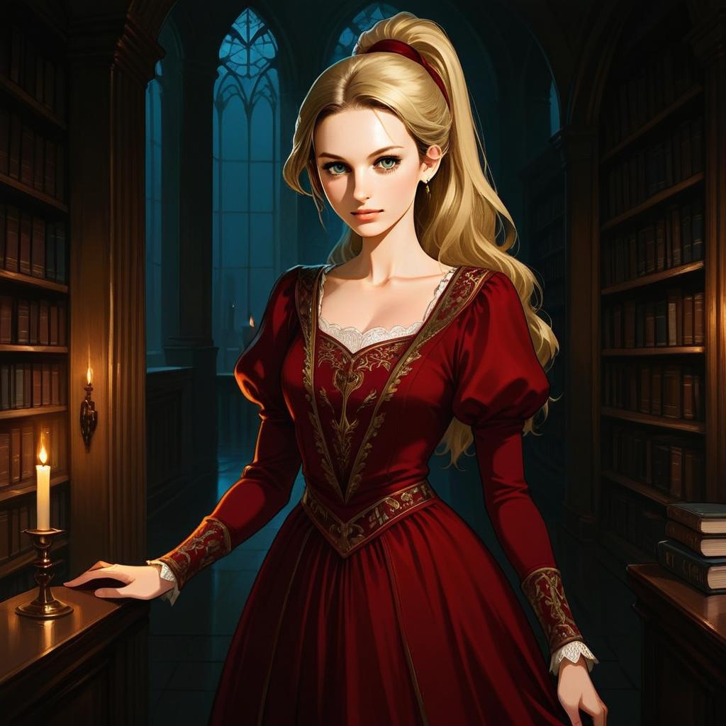 Elegant Young Woman in Red Gown in Gothic Library Illustration