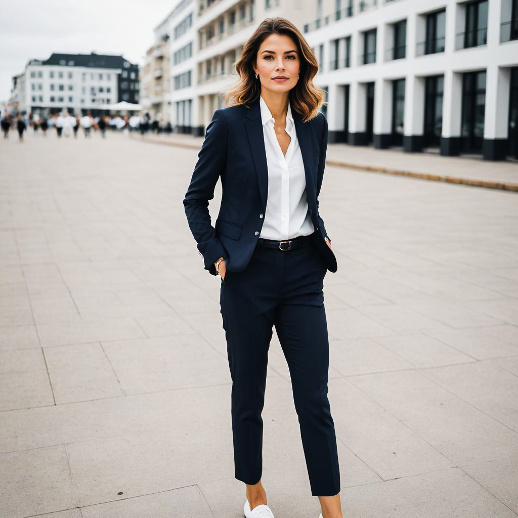 Stylish Woman in Navy Suit on Urban Street