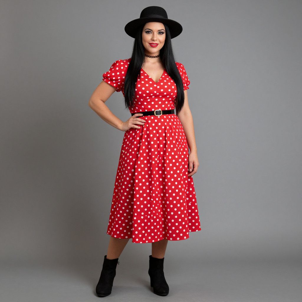 Woman in Red Polka Dot Dress with Black Hat and Boots Vintage Style