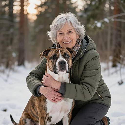 Elderly Woman Hugging Dog in Snowy Forest Outdoors