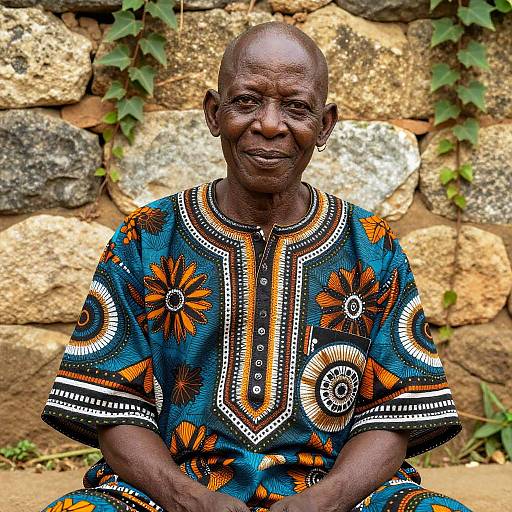 Elderly Man in Vibrant Traditional African Dashiki Sitting by Ivy-Covered Stone Wall