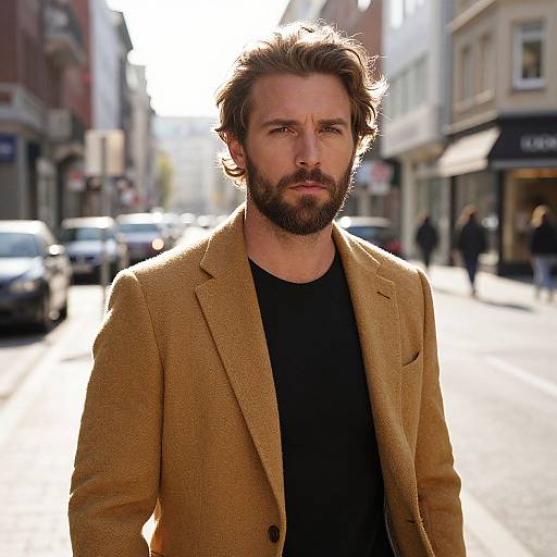 Man in Camel Coat on City Street Urban Background