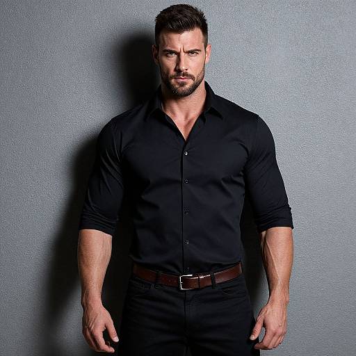 Confident Man in Black Shirt Standing Against Gray Wall