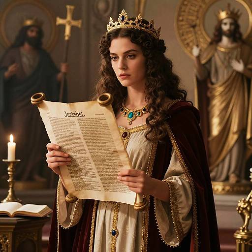 Medieval Queen Reading Ancient Scroll Jezebel Historical Scene