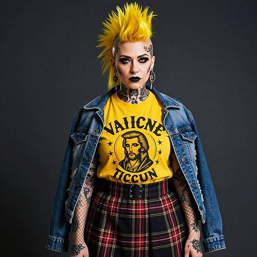 Punk Rock Woman with Yellow Mohawk and Plaid Skirt Fashion Style