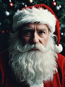 Close-Up Portrait of Santa Claus with Christmas Tree Background
