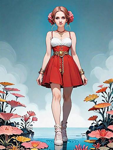 Realistic Comic Style Artwork of Woman in Red Casual Dress with Flowers