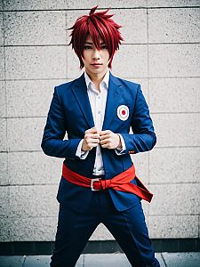 Man in Aruma Todoroki Cosplay with Red Hair and Blue Suit