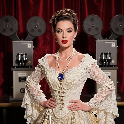 Vintage Woman in Elegant Lace Gown with Antique Film Projectors