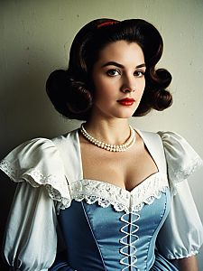 Vintage Miss Elizabeth Costume Woman in Blue Dress with Pearl Necklace