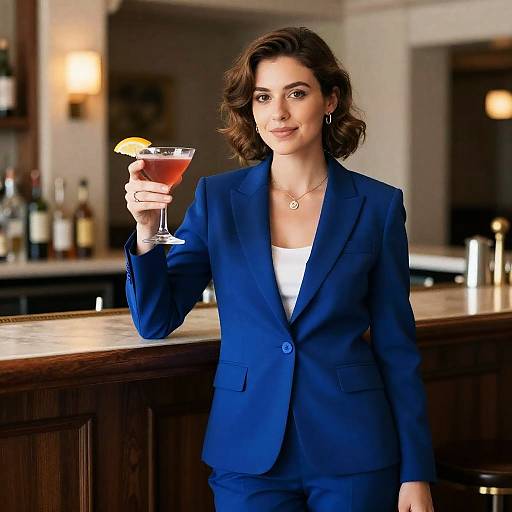 Woman in Blue Suit Holding Cocktail at Bar - Wedding and Event Style