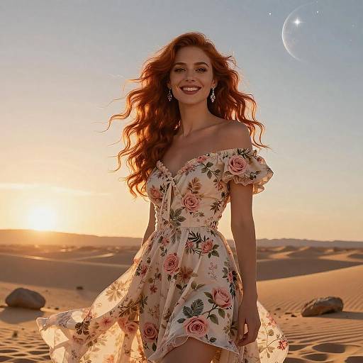 Joyful Woman in Floral Dress at Sunset Desert with Crescent Moon