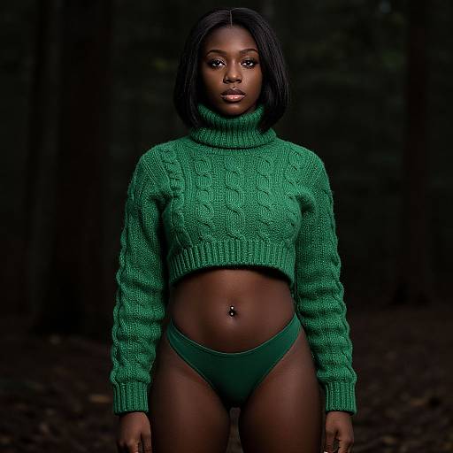 Woman in Green Cropped Sweater and Bikini Bottoms Posing in Forest