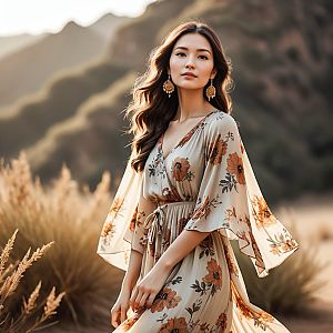 Woman in Flowing Beige Dress with Floral Patterns