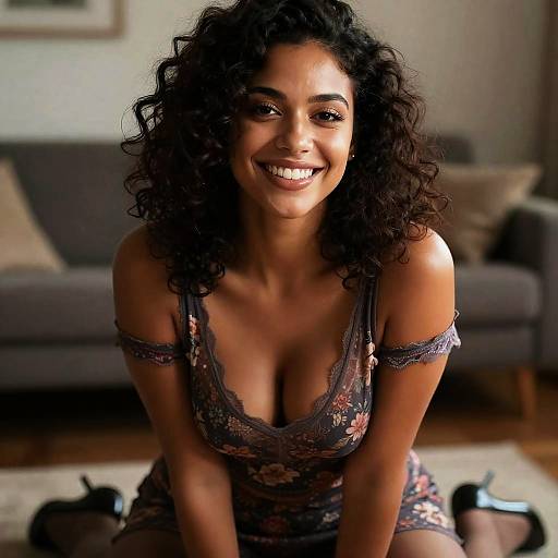 Smiling Gen Z Woman in Floral Dress in Cozy Living Room