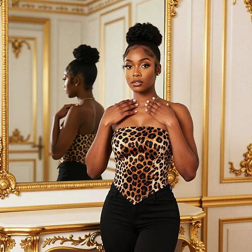 Elegant Woman in Leopard Print Top Posing by Ornate Gold Mirror