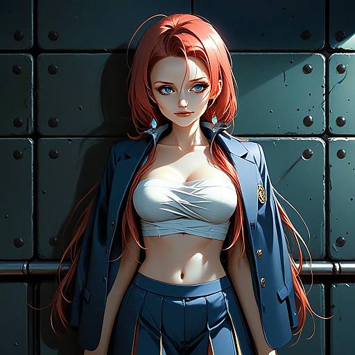 Musujime Awaki Anime Style Portrait with Red Hair and Blue Uniform