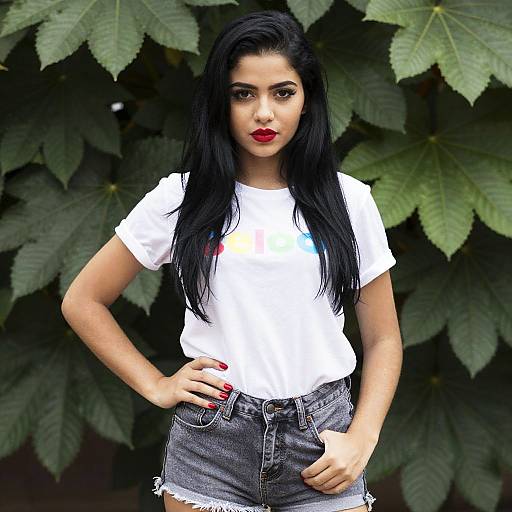 Confident Woman in White Colorful T-shirt and Denim Shorts Outdoors